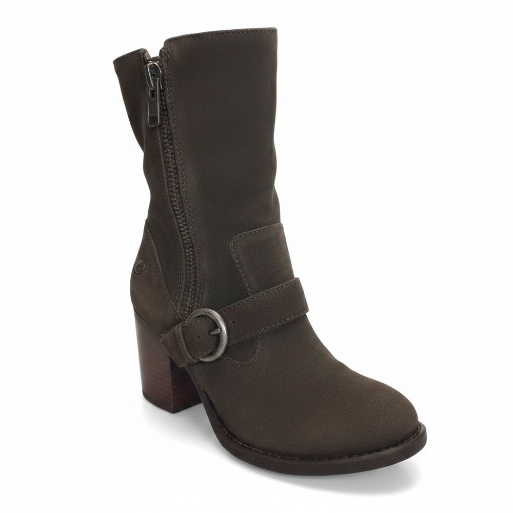 Born Mid-Calf Boots 9.5 Brown Suede Buckle Side Zip Block Heel Boho Grunge